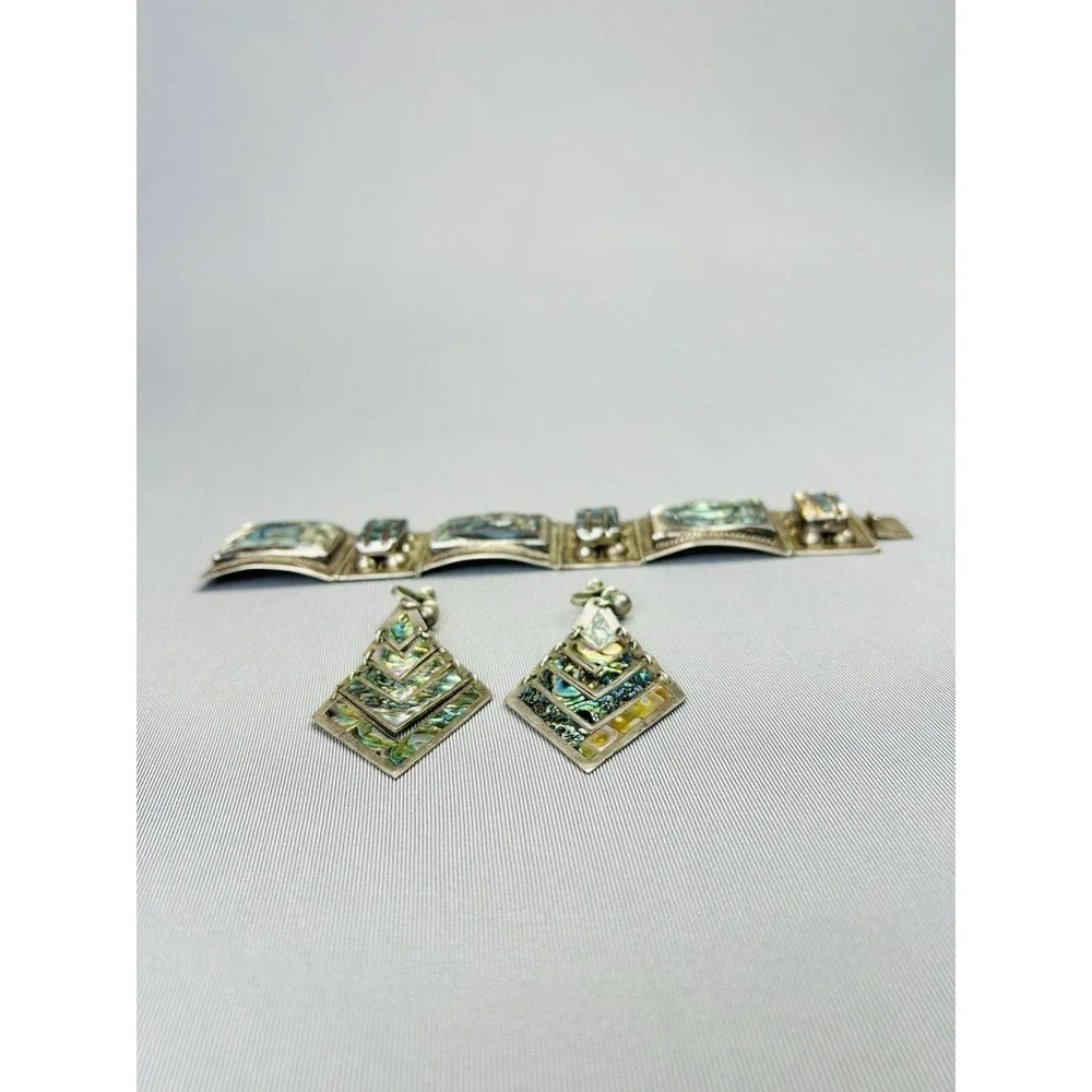 Sterling Silver Set‎ Of Mexican Cuff Bracelet And Dangle Earrings .925 Fan Fan